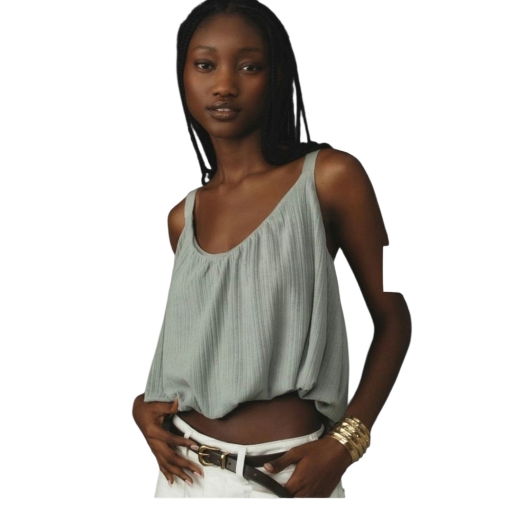 Anthropologie Sheer Ribbed Buckle Bubble Tank Green Size Medium Large NWT Crop - Picture 2 of 13